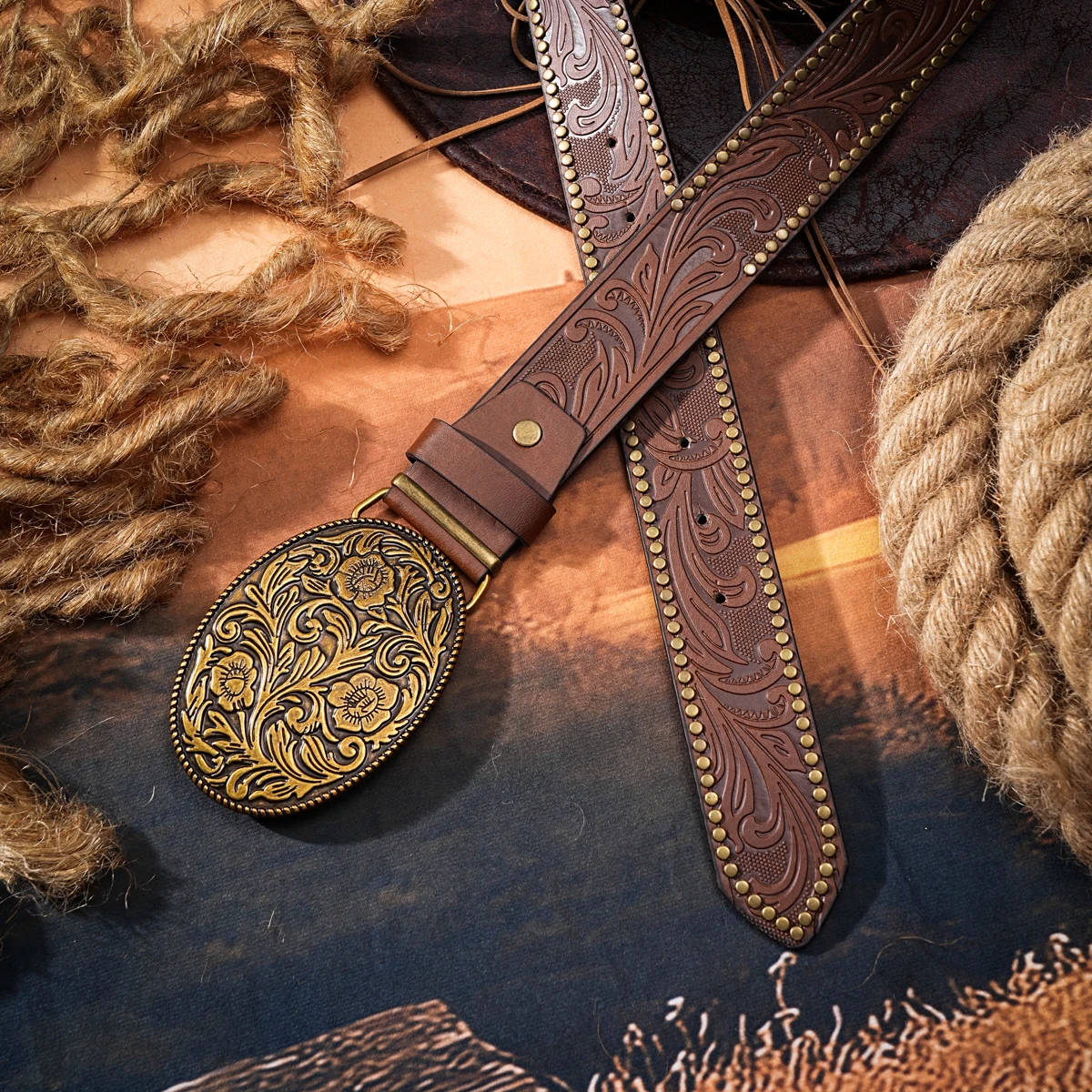 Men & Women-Western-Cowboy-PU Leather-Belts - Vintage horse Belt Floral Engraved Buckle Belt for Jeans