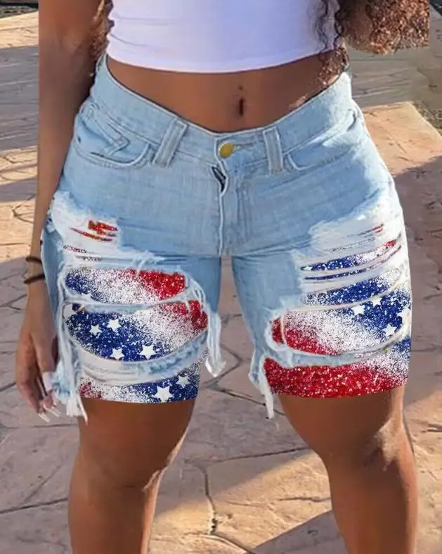 

Women's Fashion Trousers 2024 Spring Summer Latest Flag Print Ripped Raw Hem Denim Shorts Button Skinny High Waist Jeans Pants