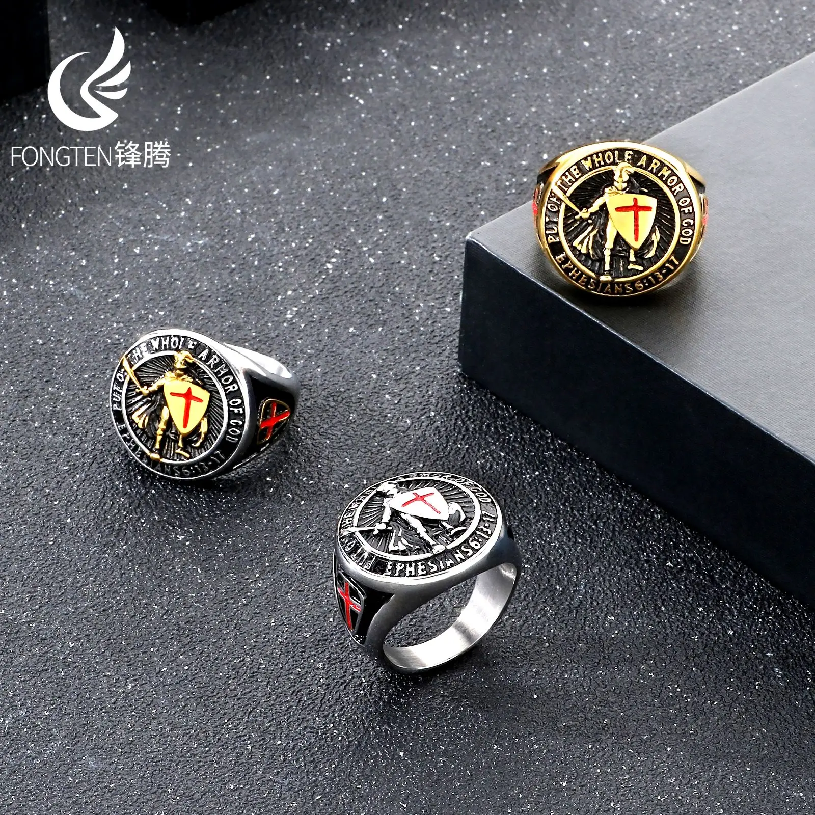 Fongten Holy See Guardian Paladin Stainless Steel Men's Ring Light Luxury Gorgeous Aillons Important Occasion Accessory Jewelry