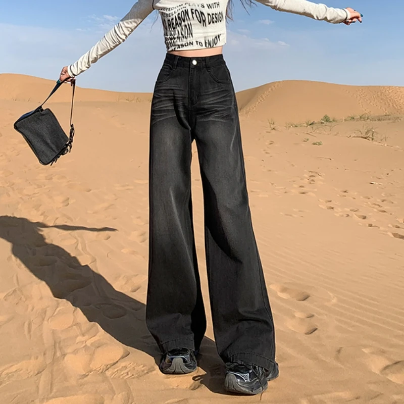 Fashionable High-Waisted Wide Leg Jeans in Black and Grey with Sophisticated Wash and Soft Dual-Core Spandex Material for Women