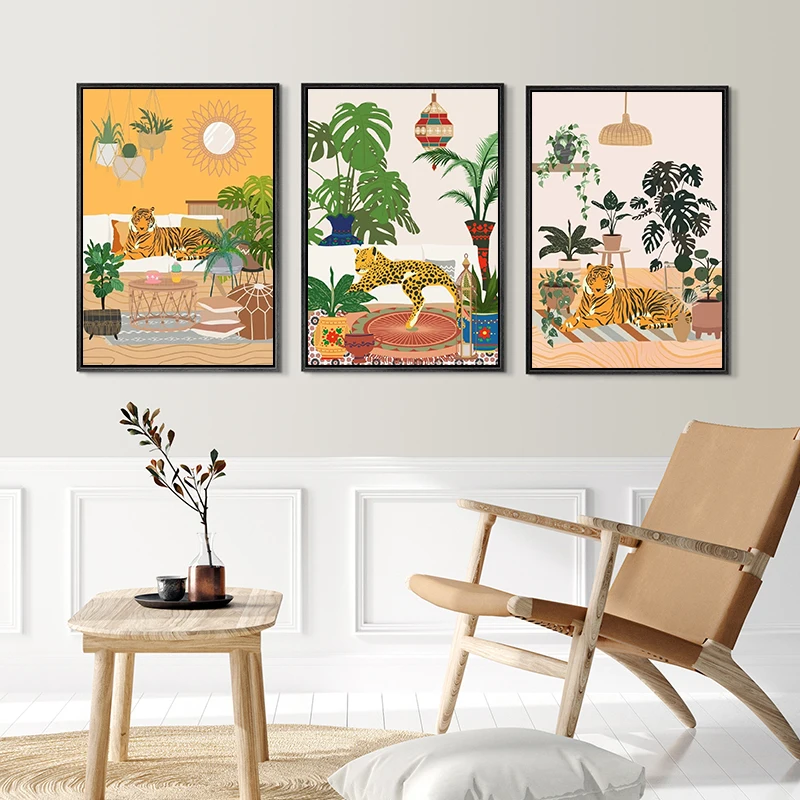 1pc frameless Canvas Painting Botanical Tiger Leopard Cheetah Poster Tropical Jungle Animal Canvas Painting Print Wall Art, Retr