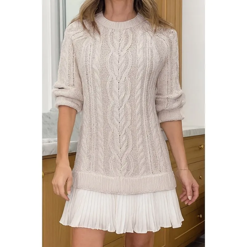 

Fashion Casual Knitted Sweater 2025 Fall Winter Chiffon Splicing ​Mini Dresses Cable-knit O Neck Long Sleeve A-Line Folds Dress