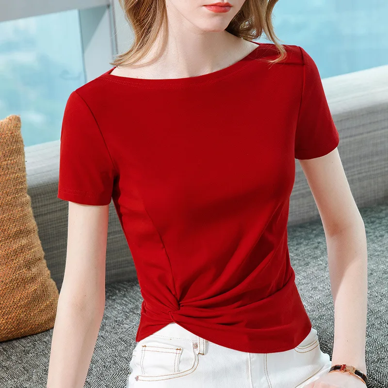 

Short SleevetWomen's Summer-shirt2023New women's clothing, stylish off-shoulder cotton-shirt with an asymmetrical design and