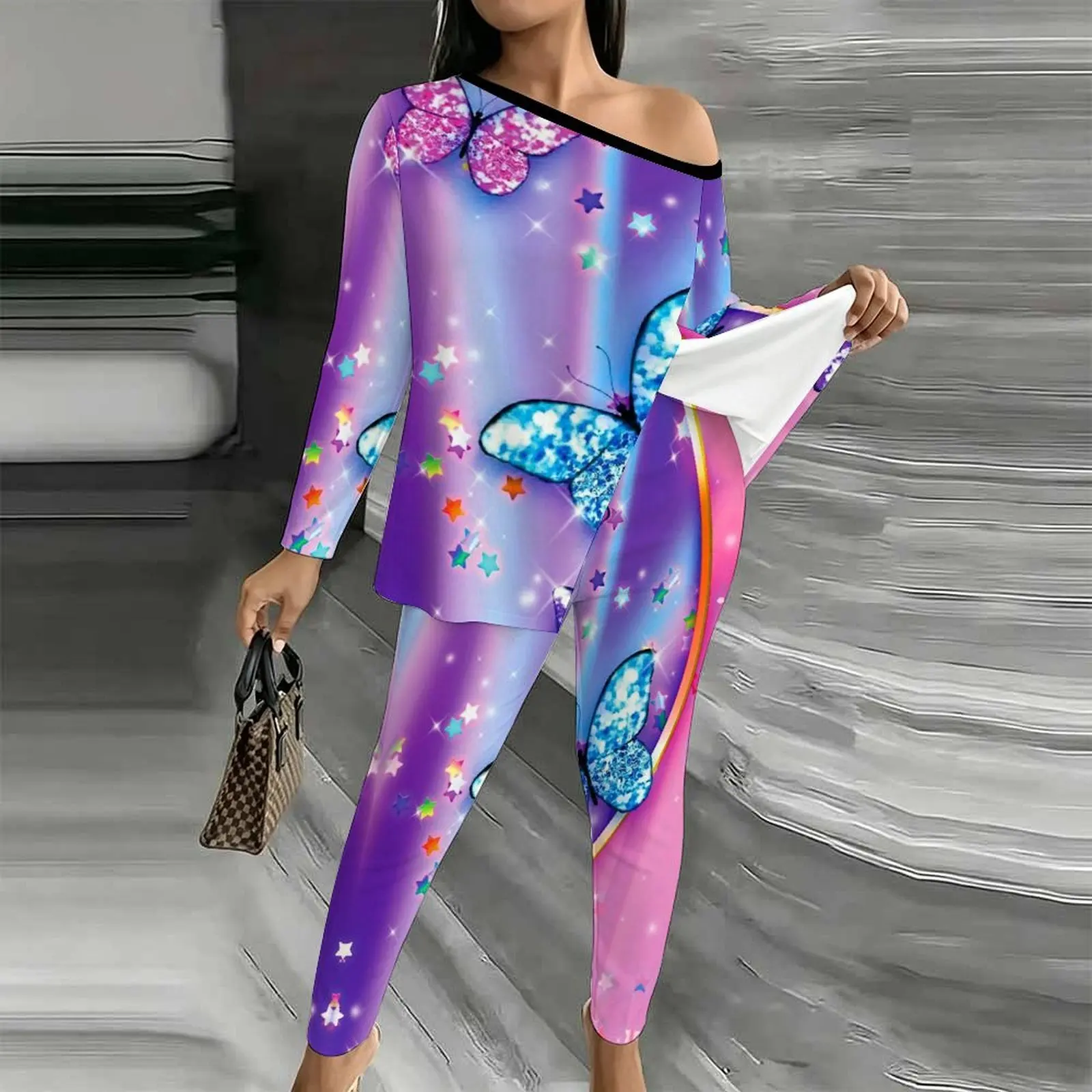 Women's Fashion Printed Jogging Pants Off Shoulder T-shirt Autumn Winter Diagonal Collar Long Sleeved Elegant Two-piece Set