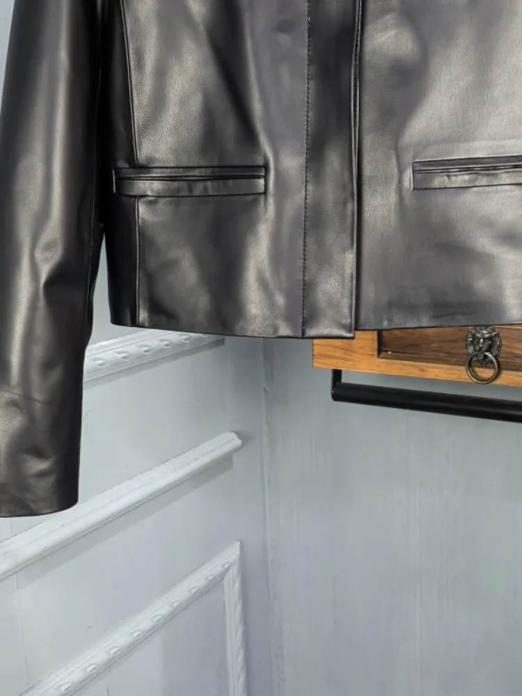 Women Genuine Leather Jacket Vintage Turndown Collar Real Sheepskin Black Short Coat Spring Single Breasted Casual Outerwear