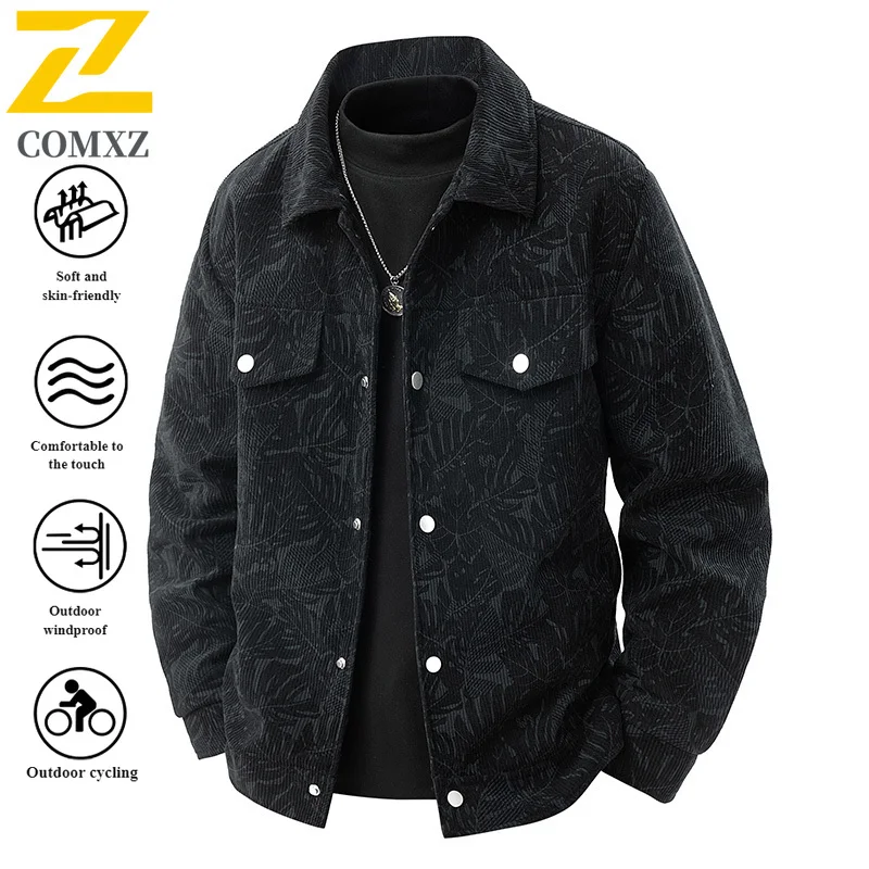 

EiAO Jacket Plus Size Men's Corduroy Vintage Hong Kong Style Maple Print Oversized Coat Windproof Waterproof for Outdoor 2025