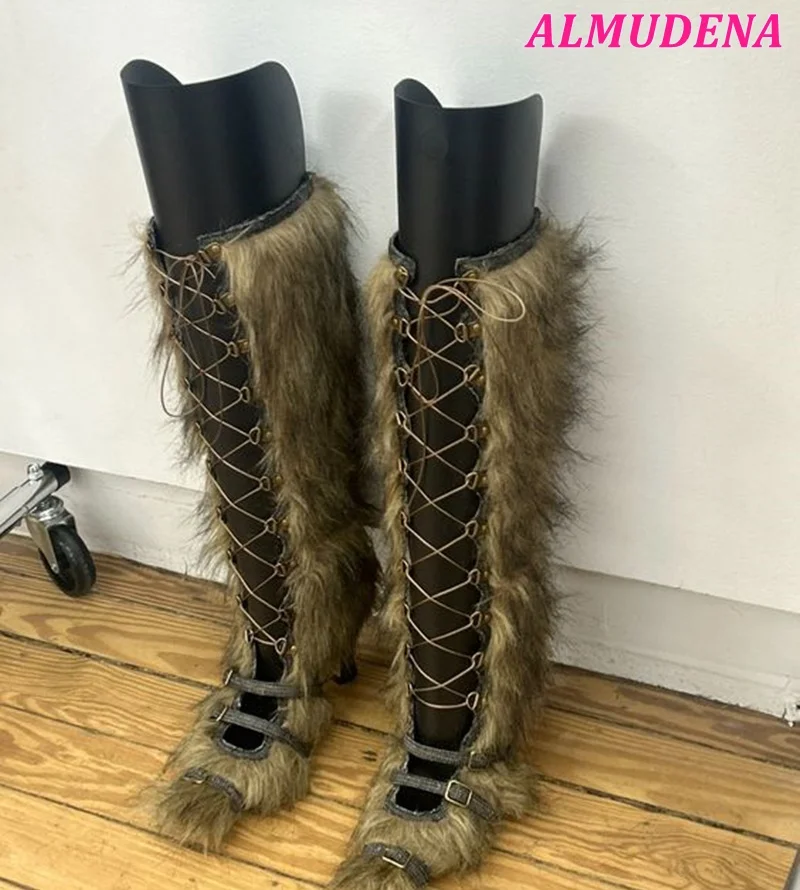 Sznurowane futro Vintage Knee High Boots Vintage Hollow out Brown High Heels Sexy Long Boot Duży rozmiar Luksusowe designerskie buty damskie