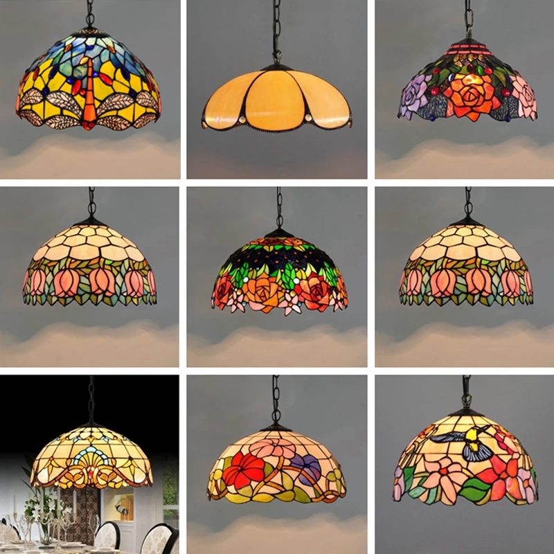 

Retro Tiffany Pendant Lamp Led Colorful Stained Glass Pendant Lights Bar Creative Bedroom Balcony Mediterranean Indoor Lighting