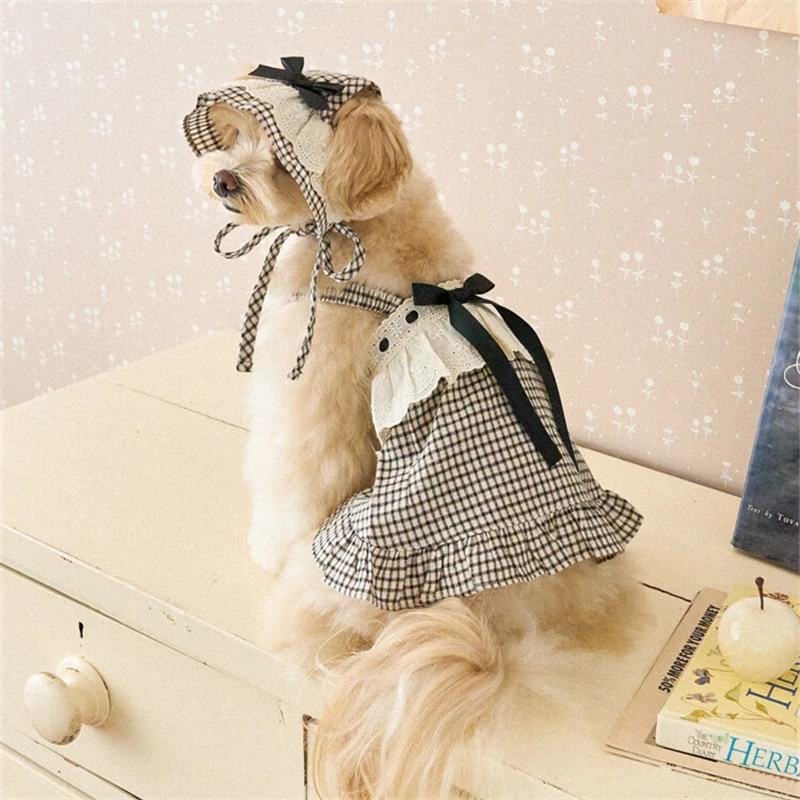 

Pet Clothes Black and White Plaid Dress Ribbon Bow Dog Party Dress Summer Dress Small Medium Large Dog Clothes with Hat