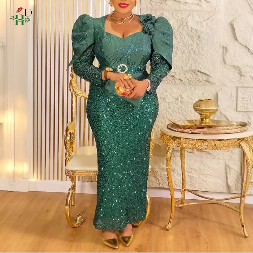 

Африканское женское платье больших размеров с пайетками и квадратным вырезом, пышное платье с плечами и длинными рукавами, пояс для свадебной вечеринки, Рождества