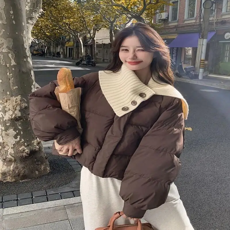 Veste rembourrée pour femme automne hiver courte marron col en tricot veste en coton femmes petite taille 2025 hiver nouveau nouveau modèle de mode