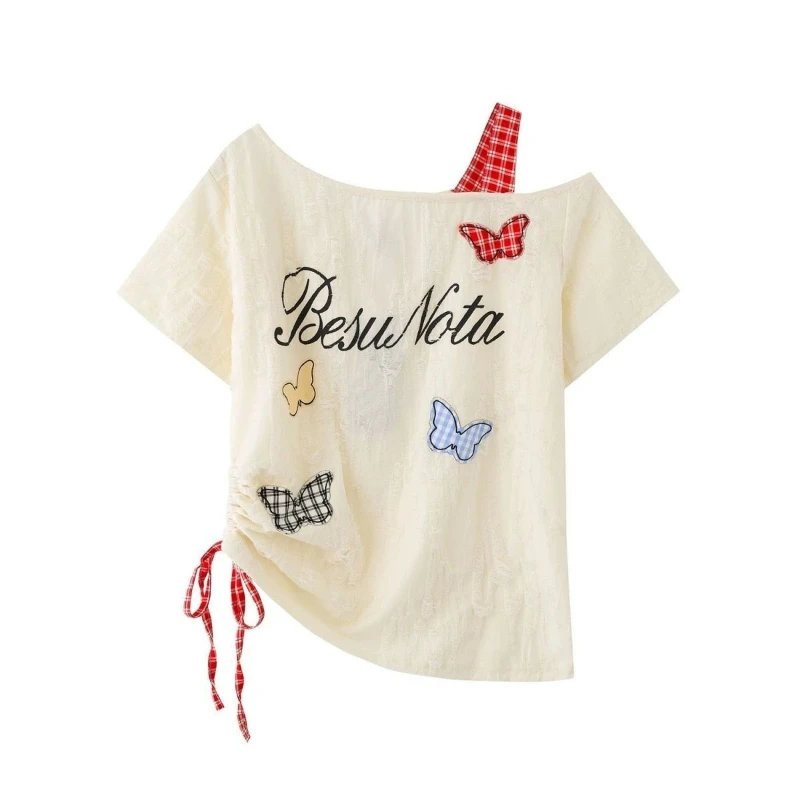 Korean Fashion Cute 2Pcs Set Off Shoulder Plaid Strap Drawstring Butterfly Top Ruffle Tiered Cake Skirt For Women Daily Wear