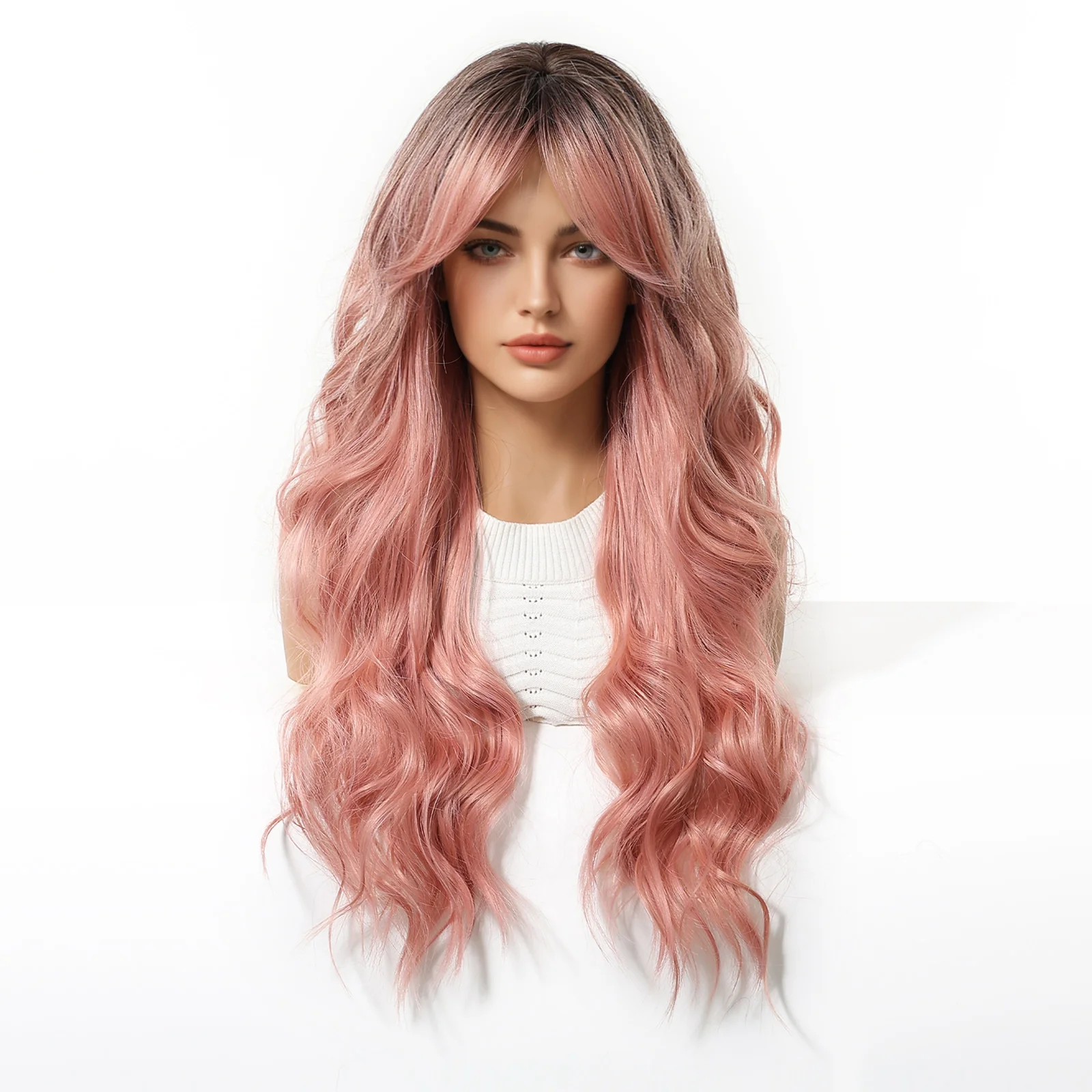 ELEMENT Long Wavy Synthetic Black Brown to Pink Ombre Wig with Curtain Bangs for Women Heat Resistant Hair for Daily Party Use