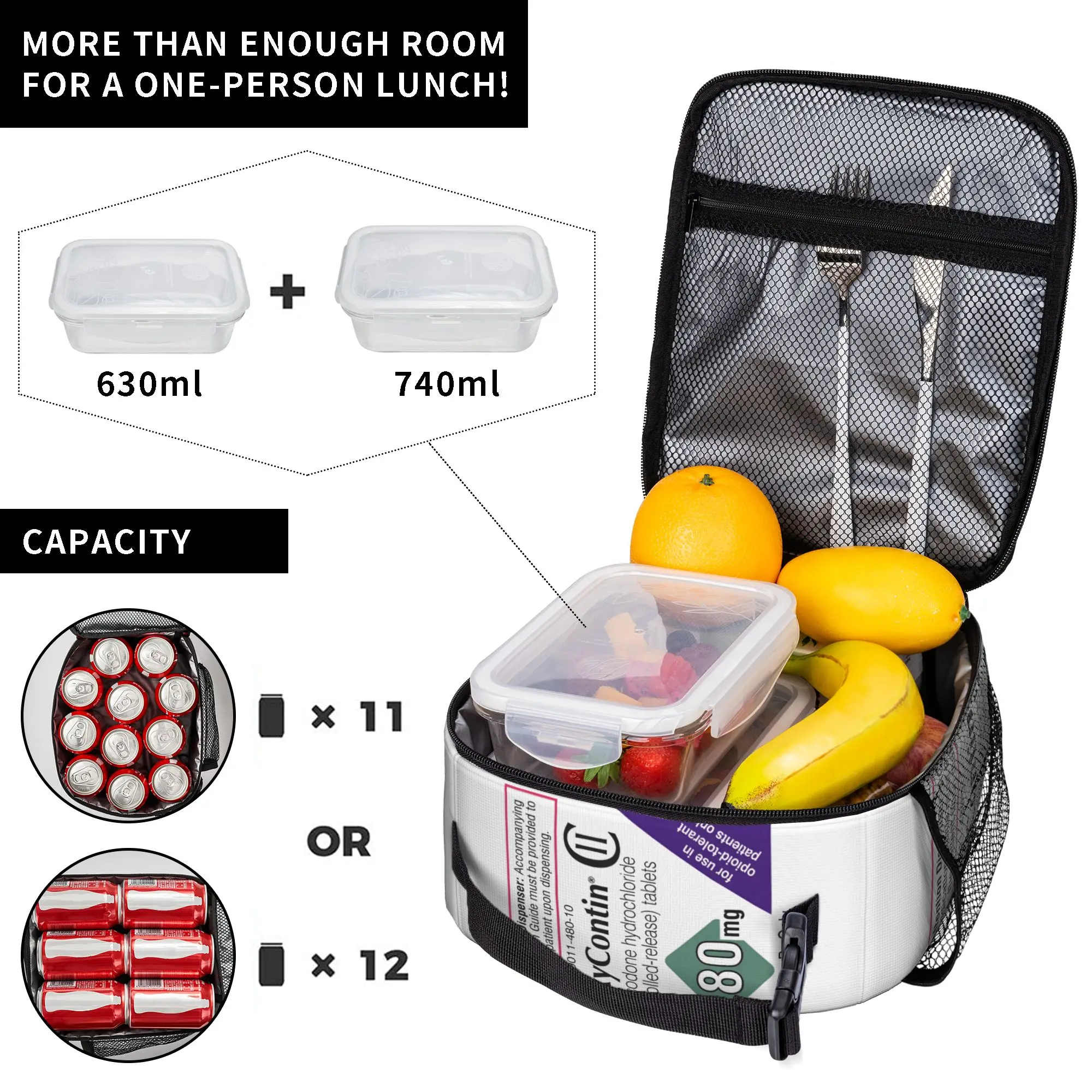 Oxycontin 80mg Label Tote Insulated Lunch Bag  Handheld Food Bags Reusable Thermal Cooler For Work Washable Bento Box