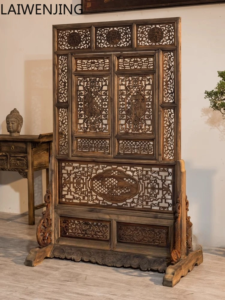 

HLZ Solid Wood Floral Grid Chinese Style Partition Screen Imitation Hollow Door Window Seat Screen