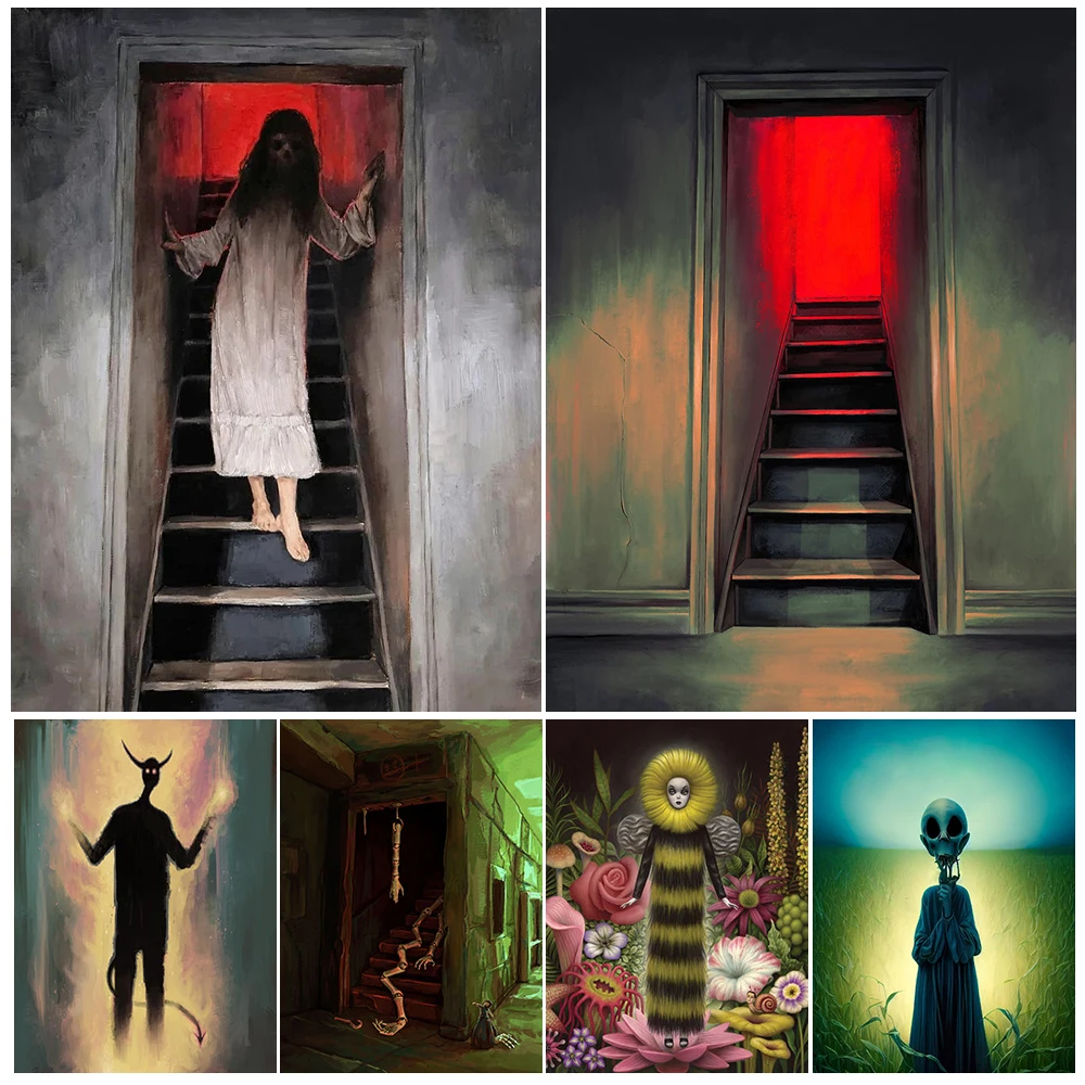 

Creepy Stairwell And Devil Door Abstract Wall Art Canvas Print Mysterious Pagan Witchcraft Element Art Poster Print Home Decor