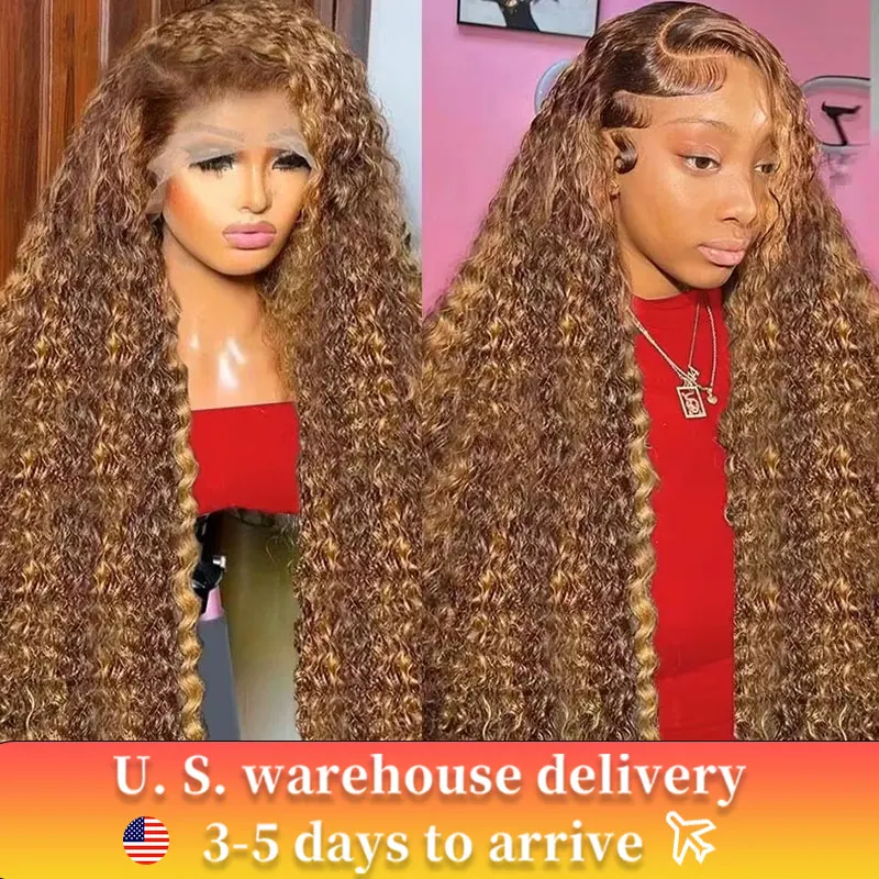 

Highlight Ombre Curly 13x4 Lace Front Wig Human Hair Transparent Deep Wave 250% Colored 4/27 Honey Blonde Lace Frontal Wigs