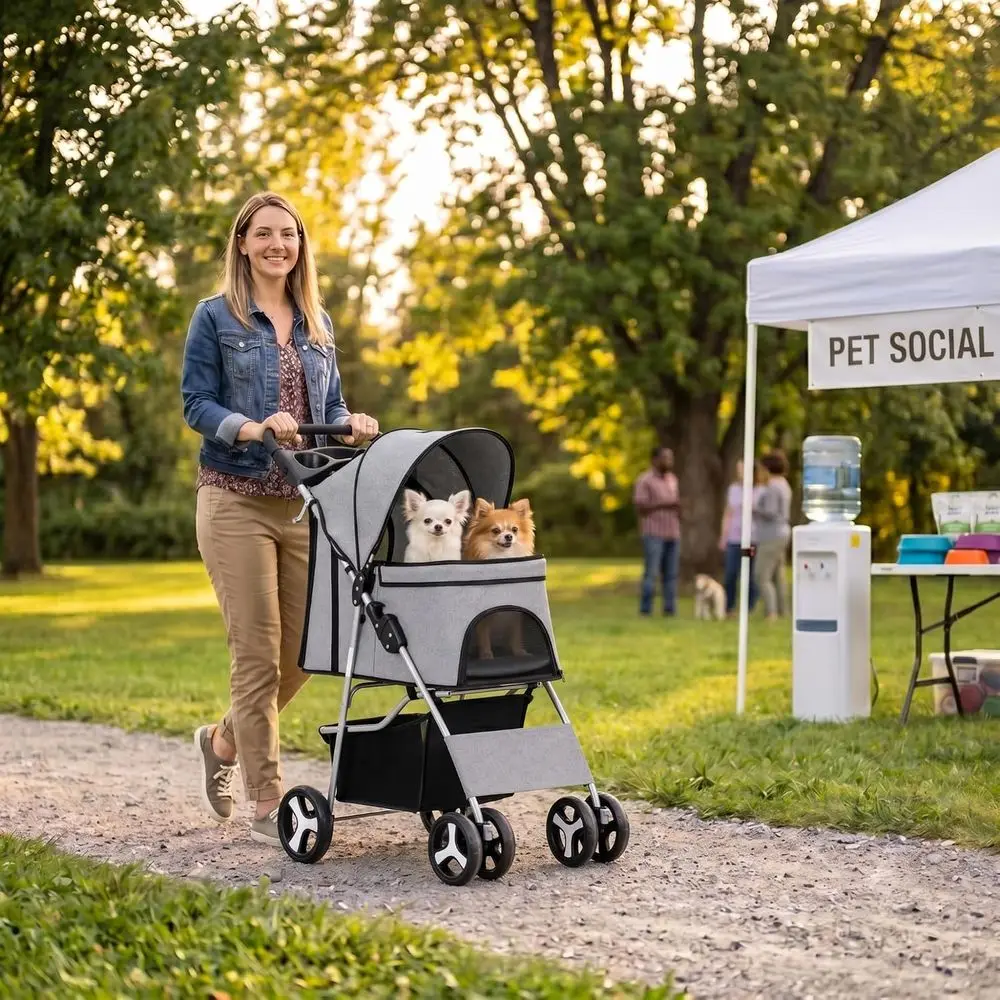 Pet Stroller, Cat/Dog Stroller with 4 Wheel, Travel Carrier Strolling Cart with Storage Basket, Cup Holder (Grey)