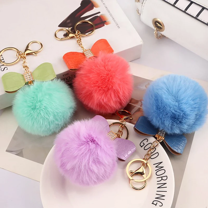 Chaveiro Pompom criativo para mulheres, chaveiro arco PU com strass brilhantes, enfeites de bolsa, acessórios para porta-chaves do carro, moda