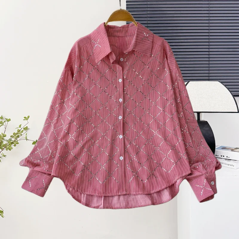 

New,Summer,Korean,Style,Loose,Blouse,Chic,Sexy,Plaid,Shiny,Diamonds,Single-breasted,Women,Long Sleeve,Shirt,Casual,Tops,57302