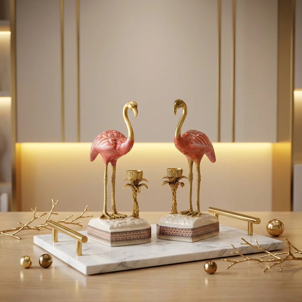 &c Luxury Pink Art Decor Handmade Porcelain Handicraft with Flamingo Statue Candle Holder Living Room Christmas Animal Sculpture