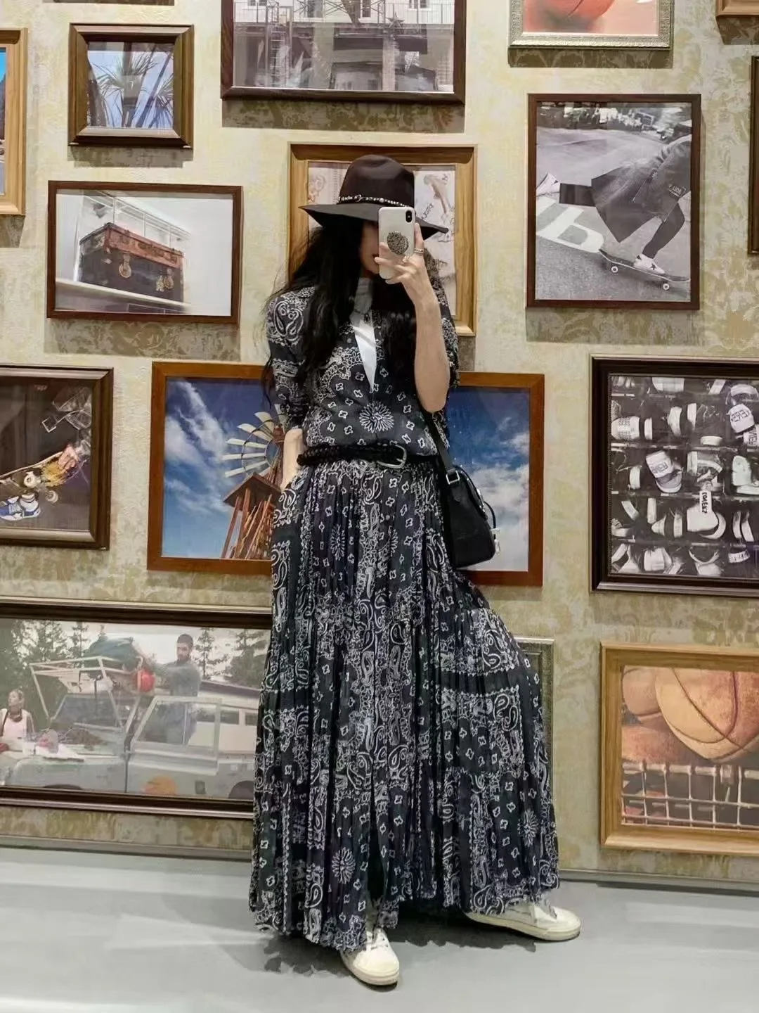 

Women 100% Silk Turn Down Collar Retro Print Single Breasted Bohemian Style Long Shirt Dress