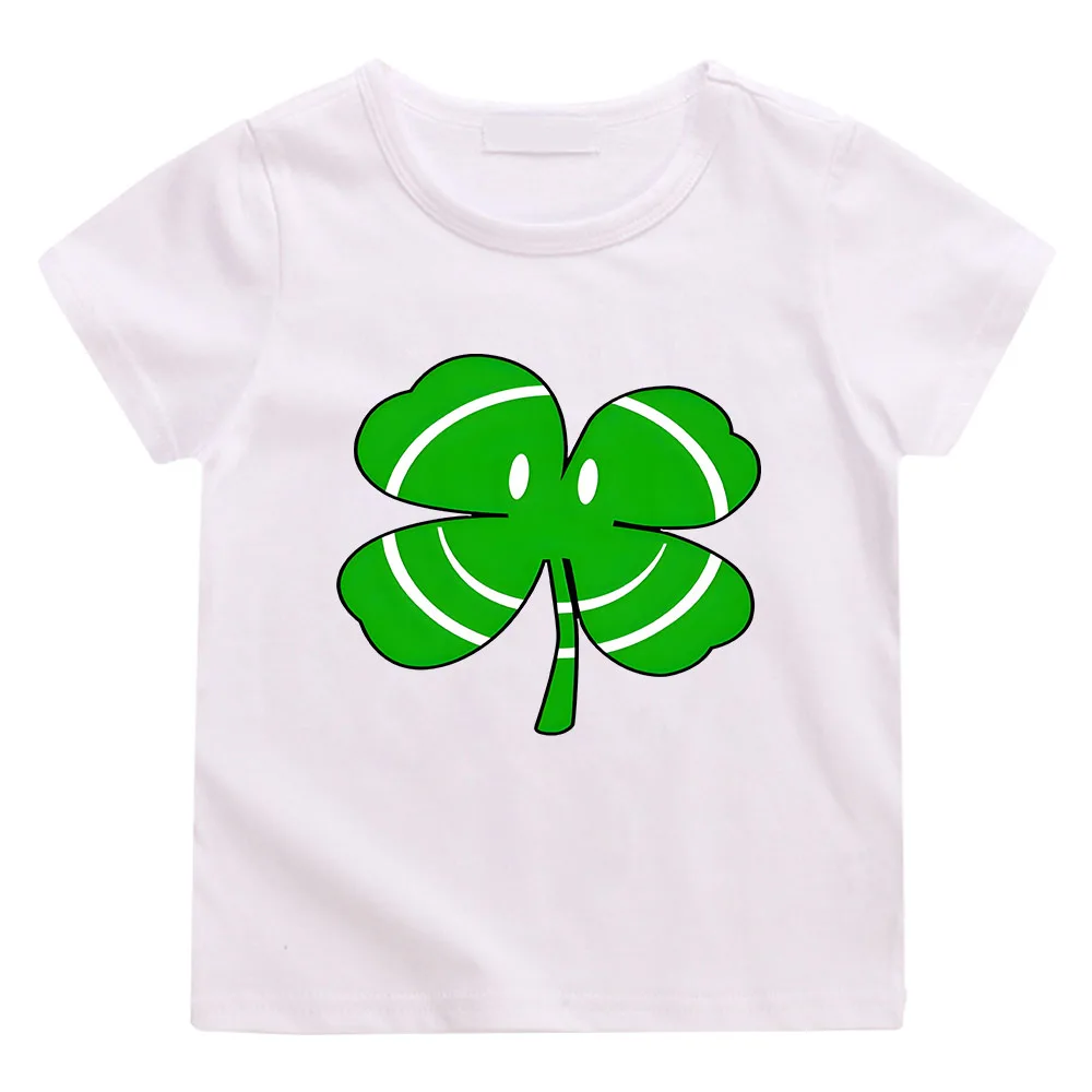 St Patricks Day Four-leaf Clover T-shirt Boys and Girls Kawaii Cartoon Tee-shirt 100% Cotton Tees Comfortable Casual Tshirts