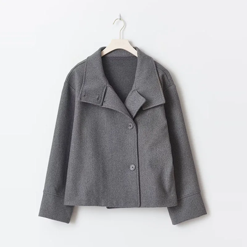 Dunkelblaue Wolljacke für Damen, 2025, Frühling, einreihig, Stehkragen, lockerer weiblicher Mantel, Bürodame, Straße, kurze Oberbekleidung, Tops – Detail 11