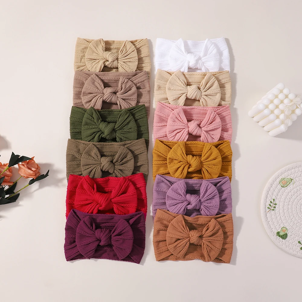 12pcs Baby Bows Headbands Set for Girls - Cable Knit Elastic Turban Hair Bands Soft Nylon Kids Headwear Hair Accessories