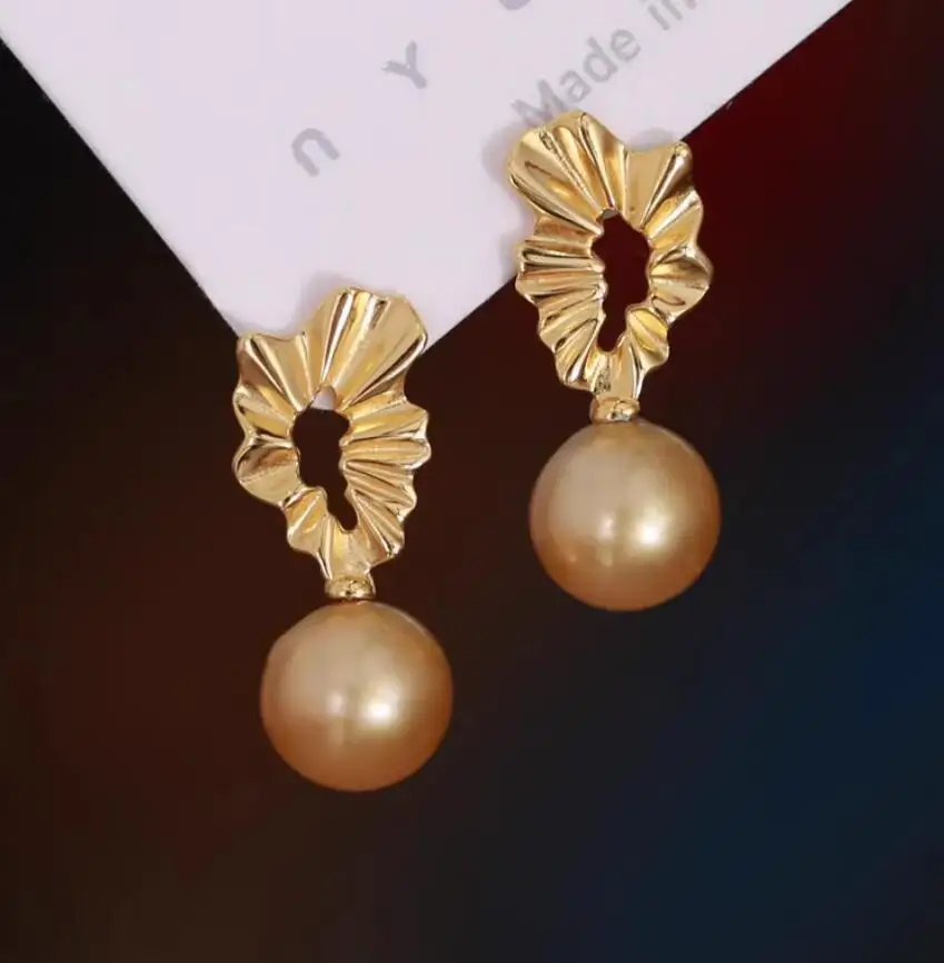 Charming Pair of 9-10mm 10-11mm natural south sea gold round pearl earring 925s