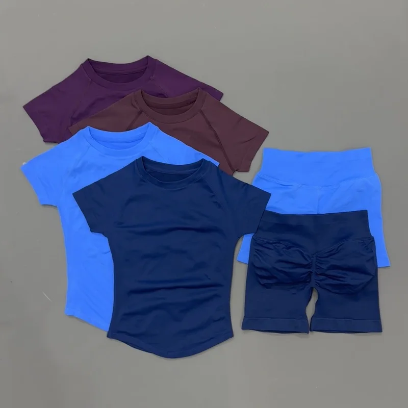 2 Piece Gym Sets Women Seamless Short Sleeve Top Butt Lifting Shorts Workout Fitness Running Sports Yoga Tracksuit image 5