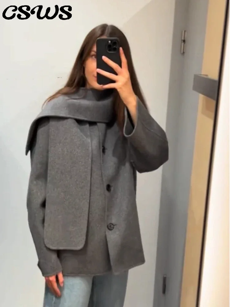 

Элегантная шерстяная куртка с шарфом и воротником, женская однотонная однобортная свободная куртка с длинными рукавами, женское модное осеннее универсальное пальто 2025 года