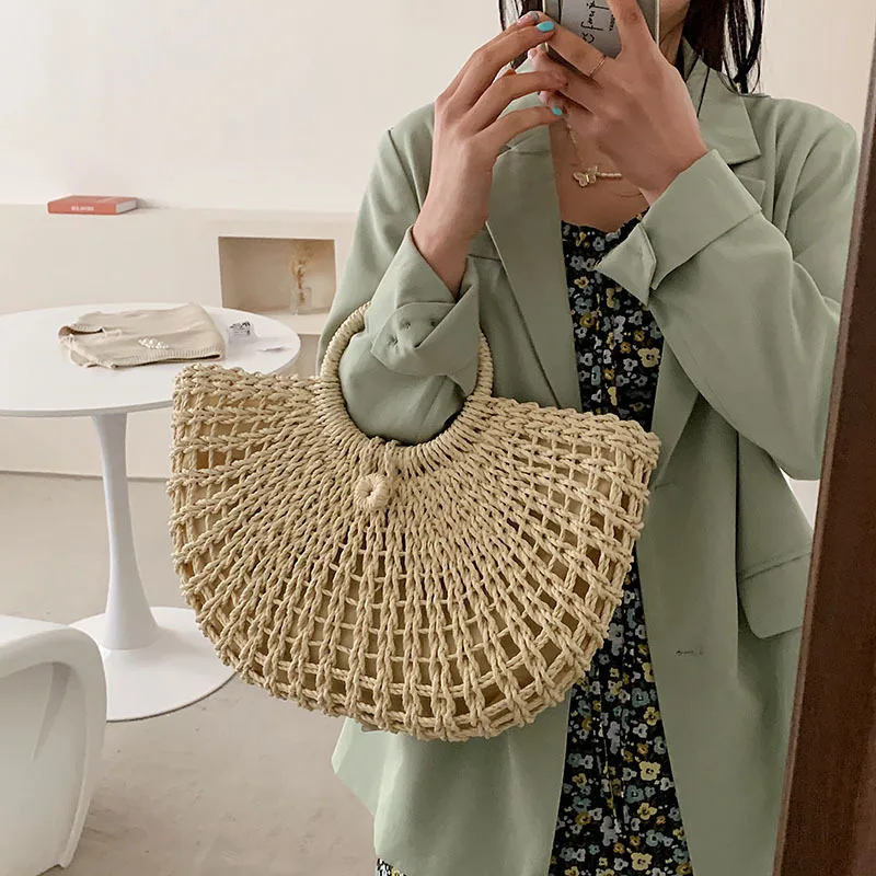 Summer Moon Shape Handmade Bag Half-moon Straw Beach Bag Travel Handmade Handle Bag Rattan Shopping Basket Bag Totes Bolsa