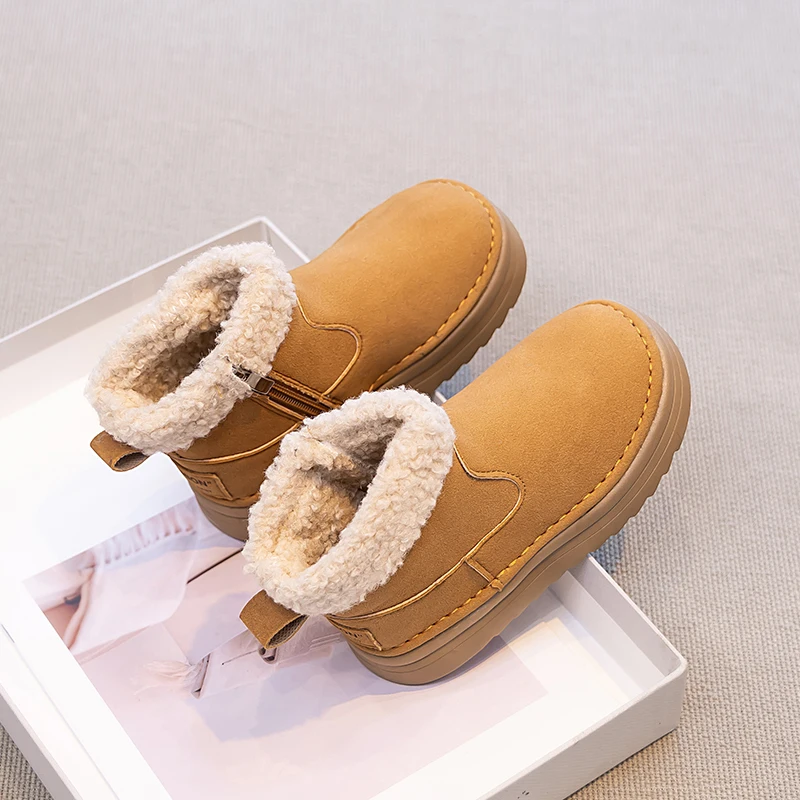 Kids Faux‑Suede Winter Ankle Boots, Sherpa Cuff Inner Zipper Pull‑Tab Plush‑Lined Thick‑Sole Snow Boots