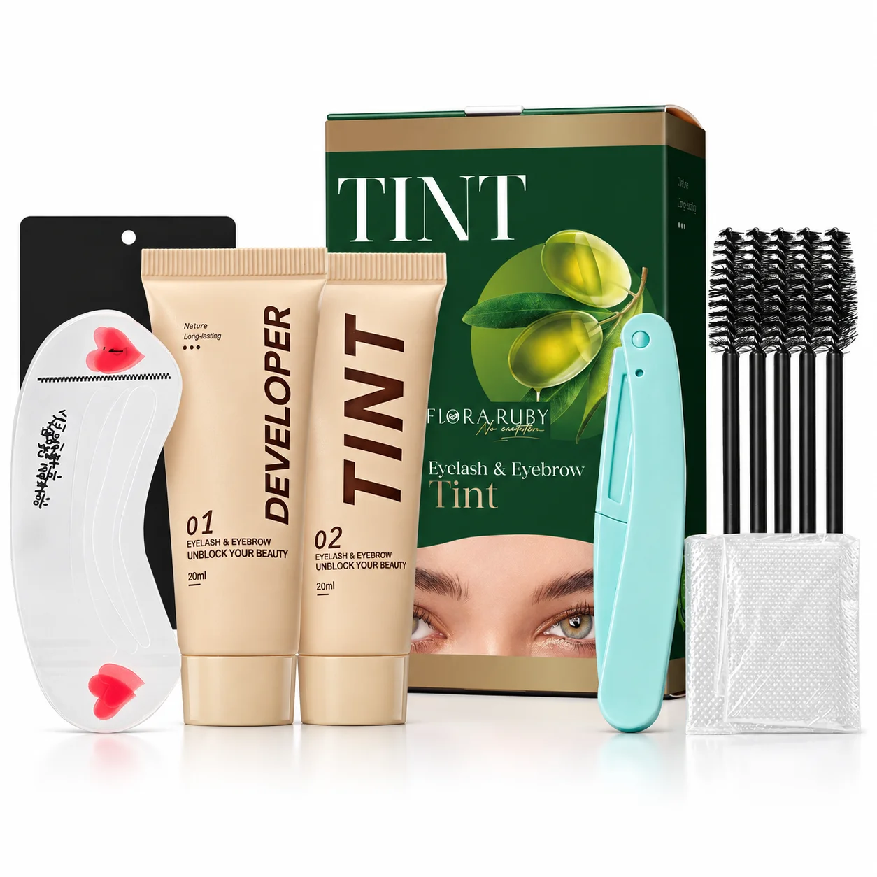 FLORA RUBY Eyebrow Tint Kit 40ml, Brow Dye Cream & Developer, Choose Black Brown or Coffee, Brow Coloring Set with Tools