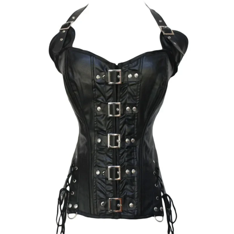 

Women Faux Leather Halter Strap Corset Waist Cincher Top Steampunk Gothic Zipper Buckled Overbust Bustier Body Shaper