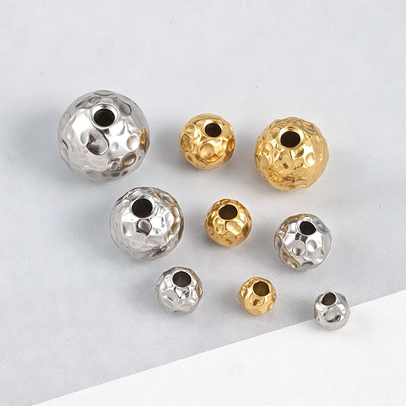 Stainless Steel Hammer Texture Ball Spacer Beads Large Through Hole Charm Findings for Homemade Bracelet Necklace Craft Making