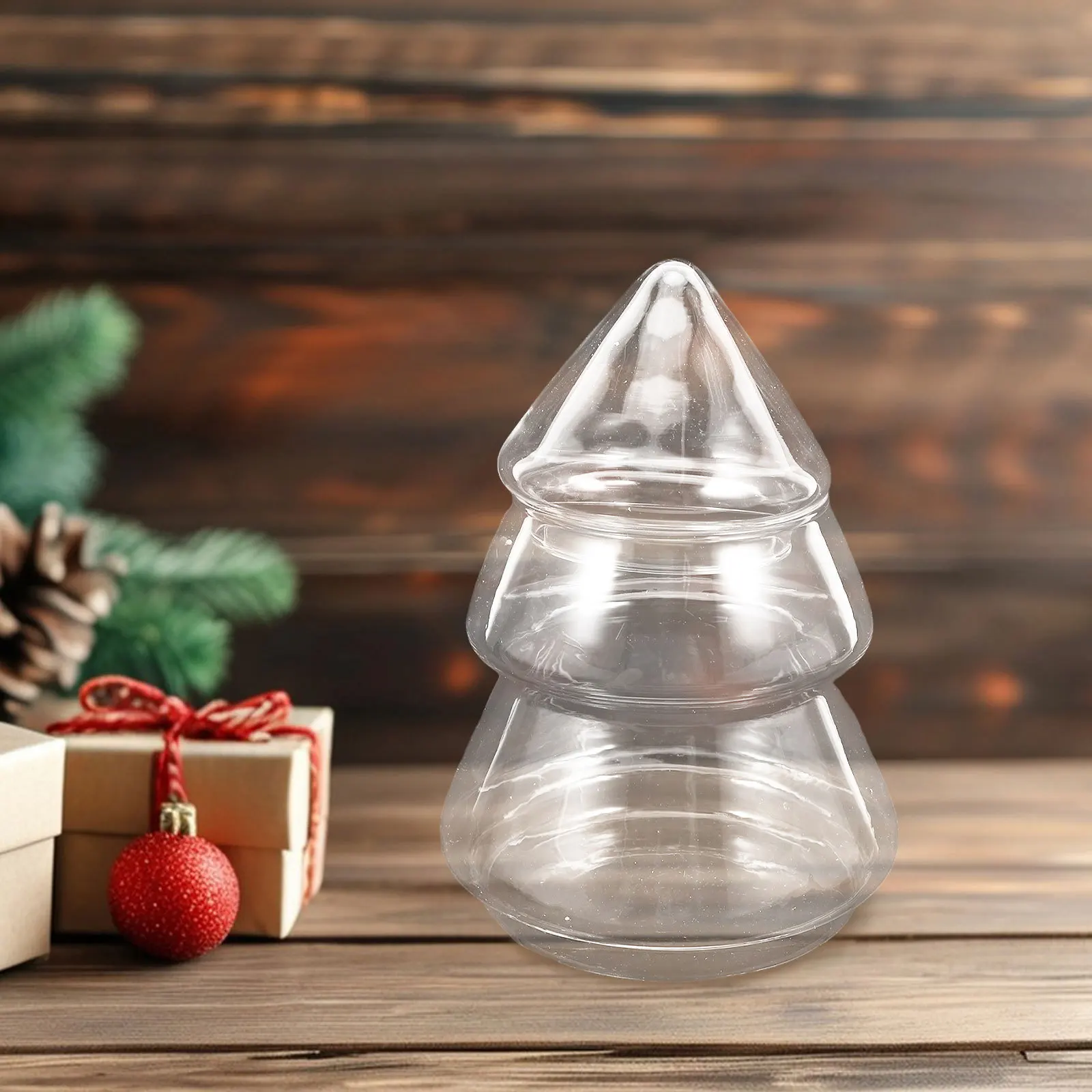 

Glass Christmas Tree Candy Jar Lid 220Ml Transparent Xmas Cookie Storage Holiday Snack Container Covered Candy Bowl Party