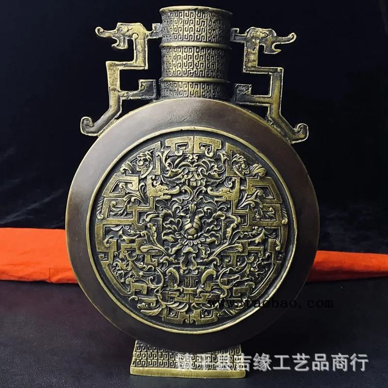 Vintage Brass Double Dragon Flat Vase Antique Qinglong Era Home Living Room Tabletop Decorative Ornament