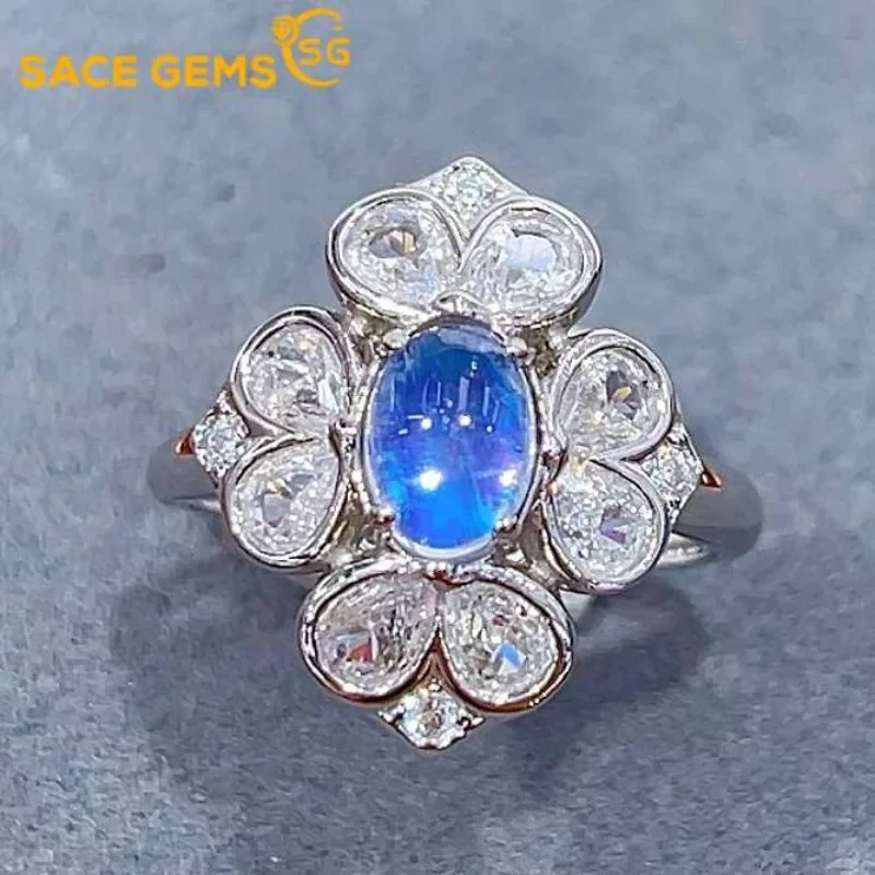 

SACE GEMS New 925 Sterling Silver 5*7MM Natual Blue Moon Stone Rings for Women Engagement Cocktail Party Fine Jewelry Gift