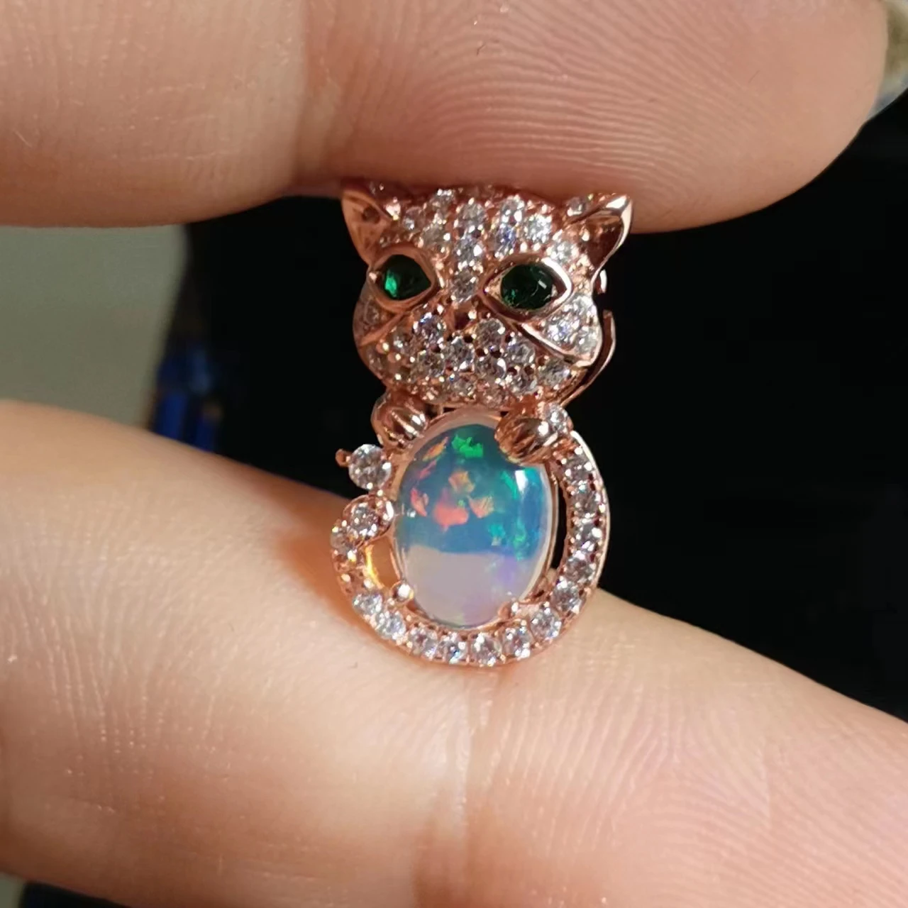 

1pcs/lot natural opal set emerald necklace pendant S925 silver gold plating Colorful cat shape Accessories Lovely jewelry gitf