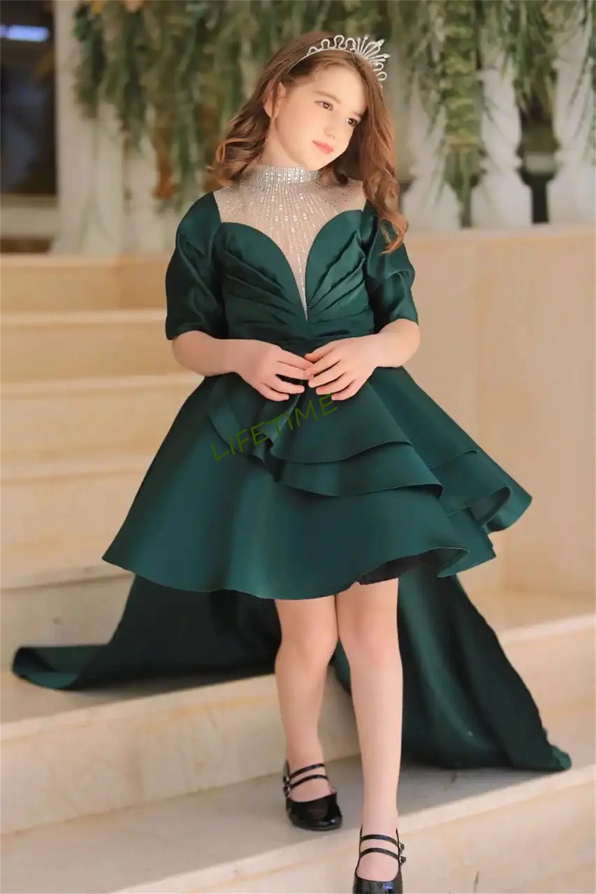 Flower Girl Dress Illusion Beading Sparking Beads Stones Halter-neck Detachable Train Ball Gown Maxi Skirt for Toddler