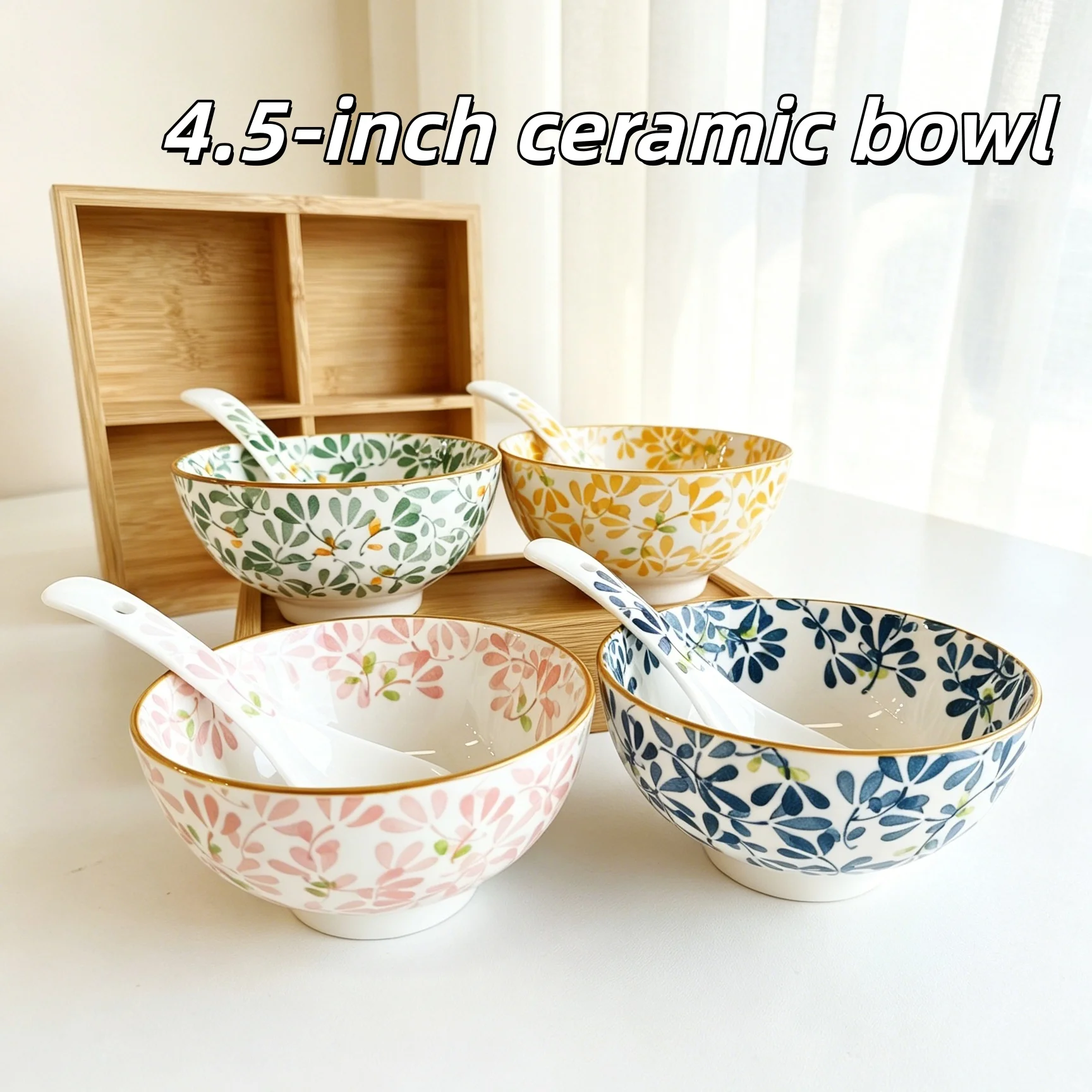 4.4' Floral Ceramic Bowl Set, for Pasta, Salad, Dessert, Soup, Fruit, Appetizer & Hot Pot, Safe for Dishwasher, Oven & Microwave