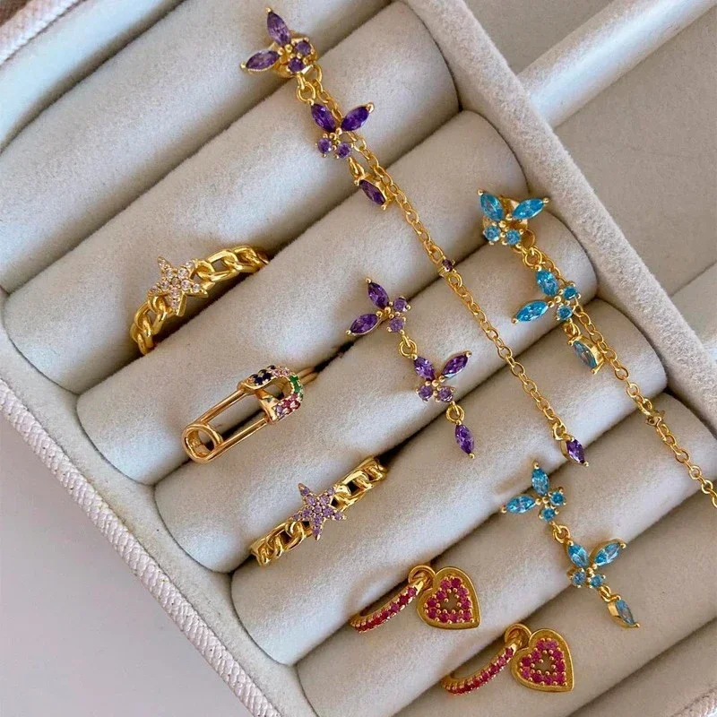 925 Sterling Silver Ear Needle Butterfly Flower Zircon Tassel Earrings for women Colorful Crystal studs Fashion Wedding Jewelry