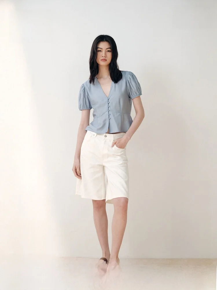 

Свободная женская рубашка с короткими рукавами-фонариками, в французском стиле, с V-образным вырезом, из тонкой смеси полиэстера и вискозы, летняя