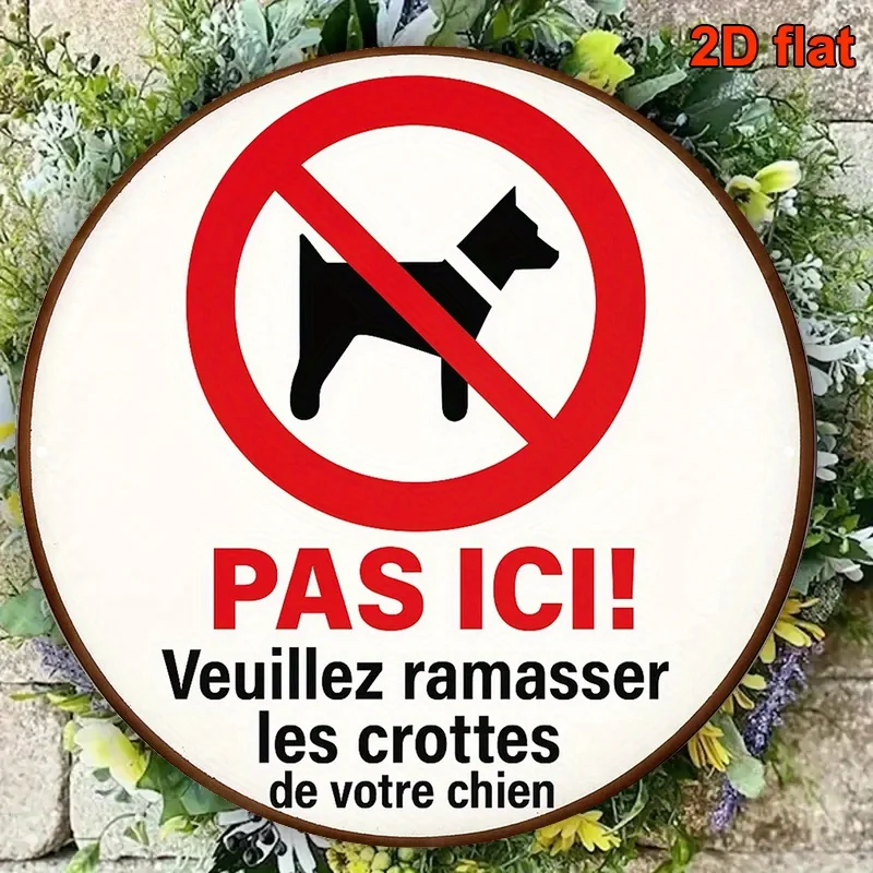 A Vintage Decorative Sign in French, an 8.0X8.0 inch Round Aluminum Plaque Stating 'No Dog Walking', Pet-Friendly Sign, Please C