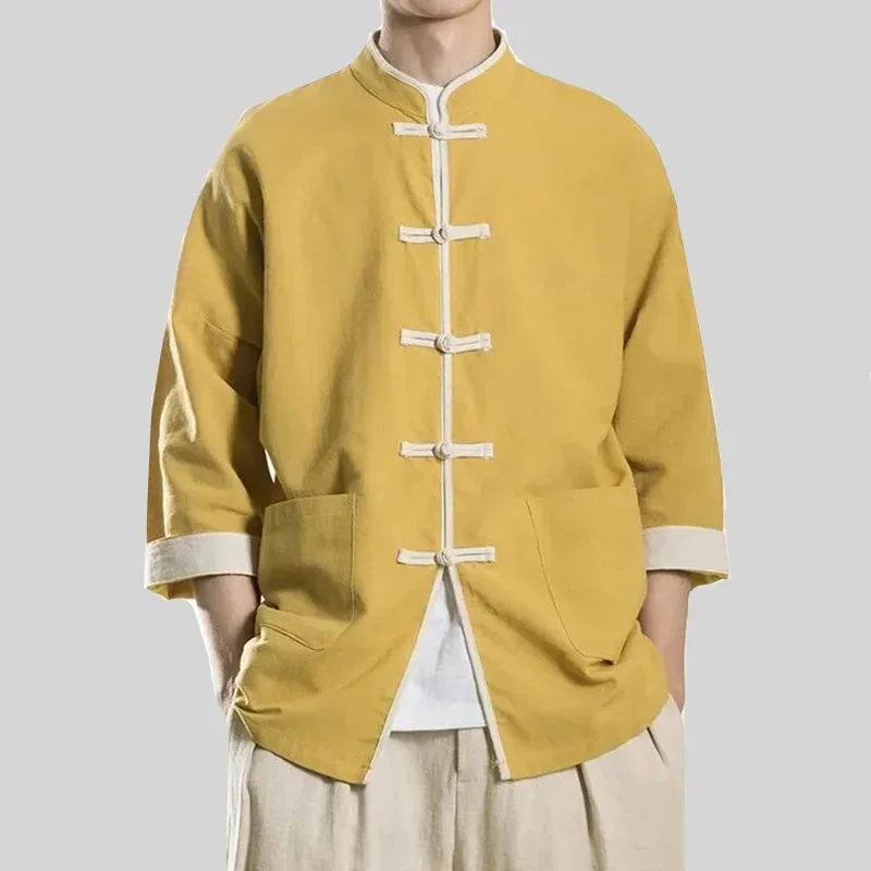 Chinese Traditional Dress Spring Summer Cotton Line Shirt Men Clothing Plus Size Casual Thin Tops Tang Suit Vintage Coat 2026