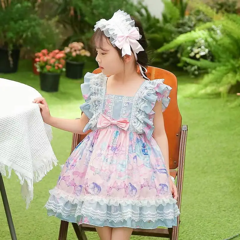 

2024 Girls Summer Princess Lace Dress New Lolita Sleeveless Puffy Spanish Children Infant Easter Holiday Tutu Ball Gown 2 4 6 8T