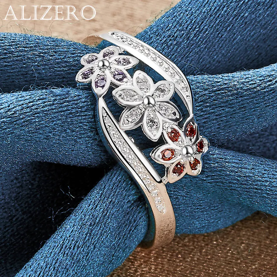 ALIZERO 925 Sterling Silver Ring Multicolor Zirconia Flowers Ring For Women Wedding Engagement Gifts Fashion Party Charm Jewelry