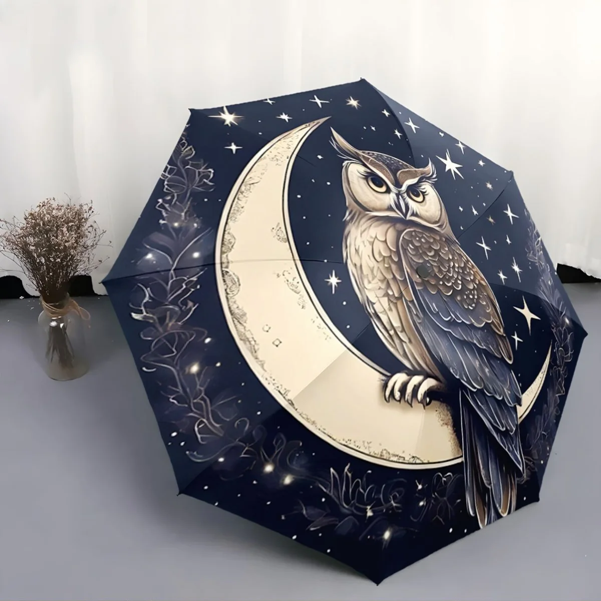 

Starry Night Owl & Crescent Moon Folding Umbrella - Automatic Open/Close, 8-Rib Durable Design, Compact Portable for All-Weath
